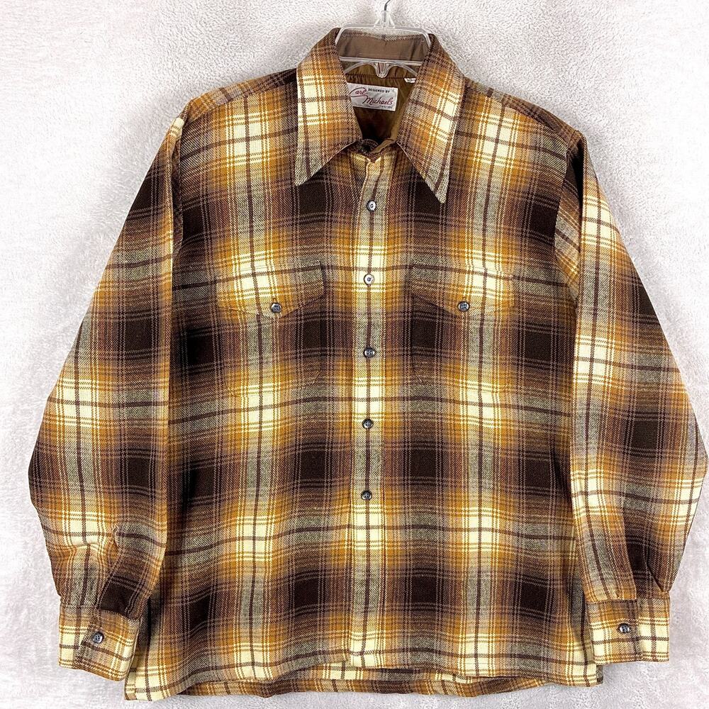 VTG Carl Michaels Shirt L Brown Plaid Flannel Dagger Collar Classic Western 70s